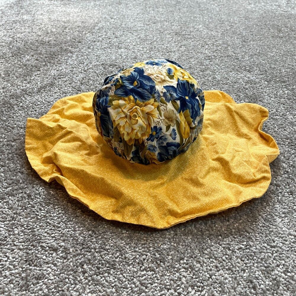 Unbranded Sun hat Girls One Size Yellow Blue Floral Stretch Wide Brim Casual Cap
